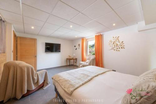 1 dormitorio con 1 cama y TV en Le Domaine des Fleurs - Appartement La Gentiane, en Gérardmer