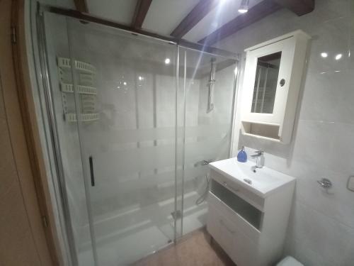 a white bathroom with a shower and a sink at La Casina de Póo de LLanes in Po