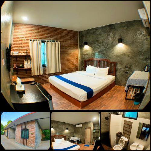 a collage of pictures of a hotel room with a bed at บ้านพักเรือนแก้ว แม่สรวย in Mae Suai