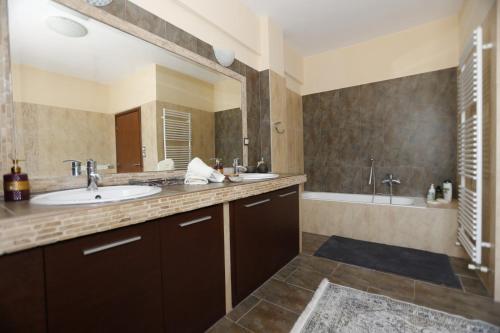 a bathroom with a sink and a tub and a mirror at Sofia's pottery house in Volos