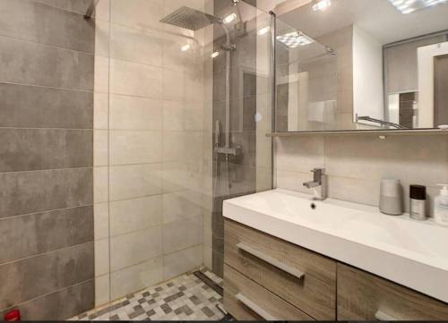 une salle de bain avec un lavabo et une douche avec un miroir dans l'établissement Cannes Vacances chez Steph, à Cannes