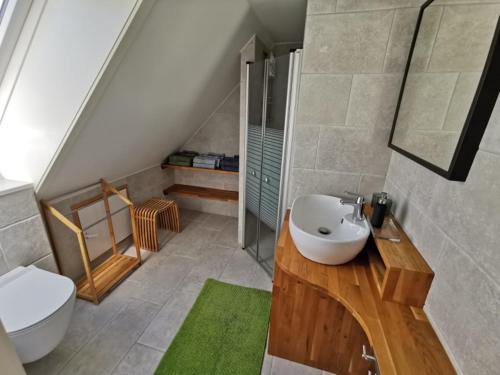 a bathroom with a sink and a toilet at The 'Loft' Apartment- "Den Gule Svane" Guest House - near Rønne & Beach in Rønne