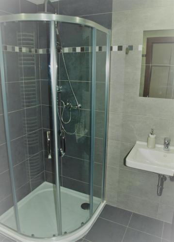a shower with a glass door next to a sink at Resort LUFT Sněžník in Sněžnik