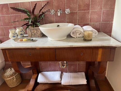 a bathroom counter with a sink and towels at El Jardin de las Magnolias Hotel in Quintana de Soba