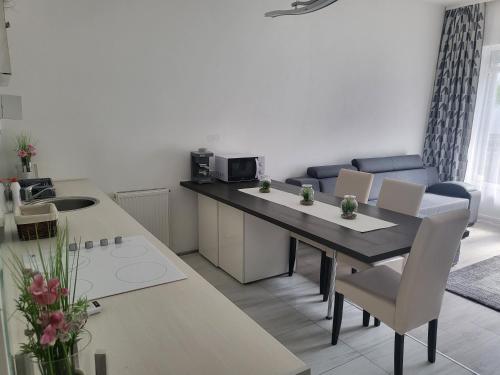 Freedom apartman في زاماردي: مطبخ وغرفة معيشة مع طاولة وكراسي