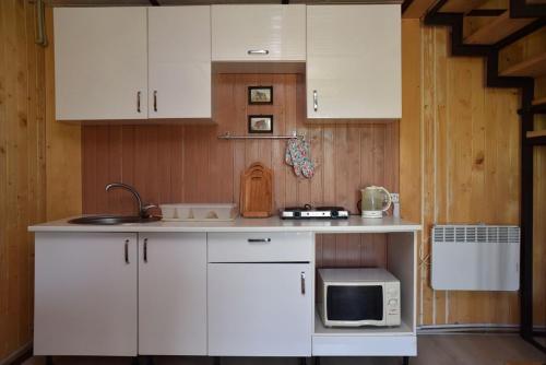 a kitchen with white cabinets and a microwave at Rimma Шешори з чаном та сауною in Sheshory