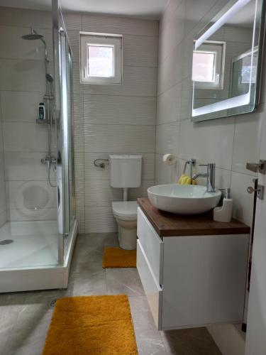 a bathroom with a sink and a toilet and a shower at LEDA Apartmani in Smederevo