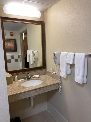 a bathroom with a sink and a mirror and towels at AmericInn by Wyndham Anamosa in Anamosa