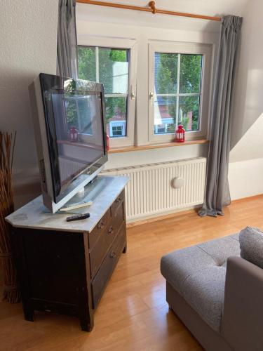 a living room with a flat screen tv on a dresser at Sauerland Hotel & Gastronomie GmbH 