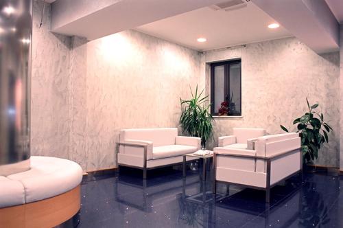 カルマニョーラにあるHotel Italiaの白い椅子と鏡が備わる待合室