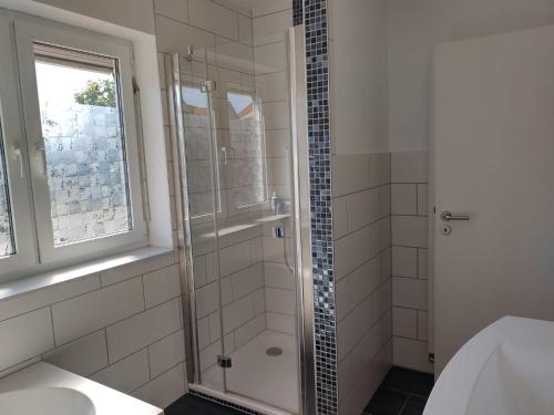 a bathroom with a shower and a sink and a window at Ferienwohnung "Schwalbennest" in Motzen