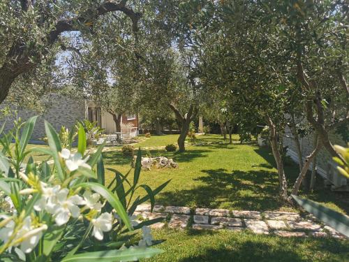 a garden with trees and grass and white flowers at Giardino Don Berardino in Mattinata