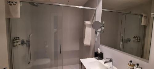 a bathroom with a shower and a sink and a mirror at Hotel Oleum - Parking Gratuito Reserva Previa in Andújar