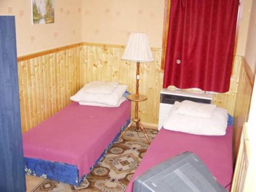 ハイドゥソボスローにあるFenyves Nyaralóのベッド2台とランプ付きの小さな部屋です。