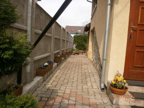 an alley with potted plants on the side of a building at Flamingo Apartman in Sopron