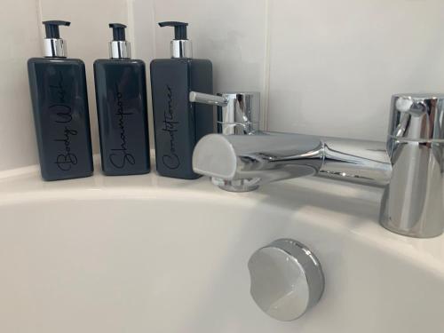 a bathroom sink with three bottles ofodorizers on it at Old Street Terrace in Ludlow