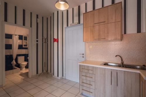 a kitchen with a sink and a toilet at Potamaki Studios & Apartments in Stoupa