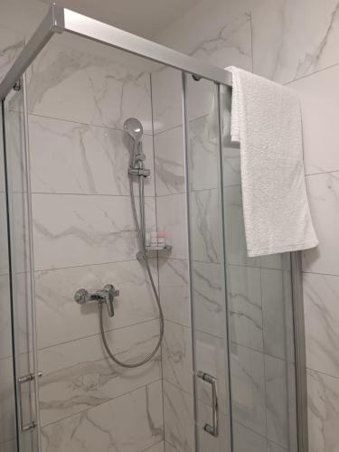 a bathroom with a shower with a glass door at Penthouse Apartman Marčelina in Trogir in Trogir