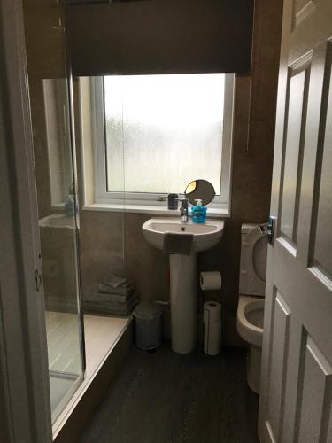a bathroom with a sink and a window and a toilet at No 5 Newly refurbished 4 bedroom house in Cononbridge