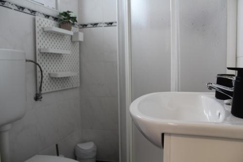 y baño con lavabo, ducha y aseo. en Casa do Chafariz en Vila Velha de Ródão