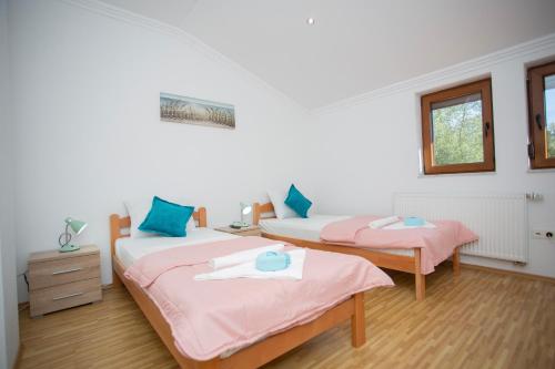 2 letti con cuscini rosa e blu in una stanza di Villa Enjoy XL a Mostar