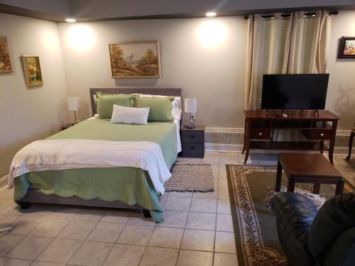 1 dormitorio con 1 cama, TV y sofá en Bright & Spacious Studio Close to CLT Airport, en Gastonia