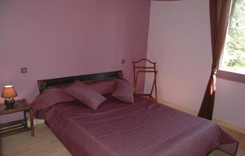 a bedroom with a bed with purple sheets and a window at Rivier in Flaujac-Poujols