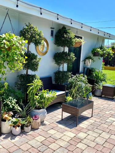 a patio with a bunch of potted plants at Private Heated Pool Oasis Pet-Friendly Retreat Short or long Stays Sleeps 2-8 Ppl in Pompano Beach