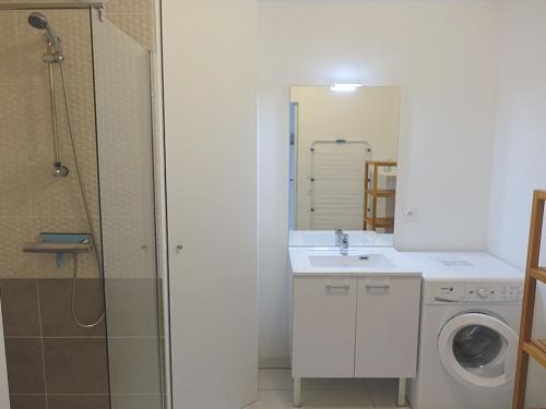 uma casa de banho com um lavatório e uma máquina de lavar roupa em Appartement Sarzeau, 2 pièces, 4 personnes - FR-1-639-67 em Sarzeau