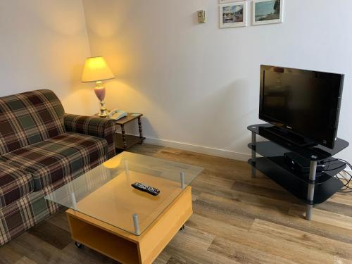 a living room with a couch and a flat screen tv at Swiss Sunset Inn in Penticton