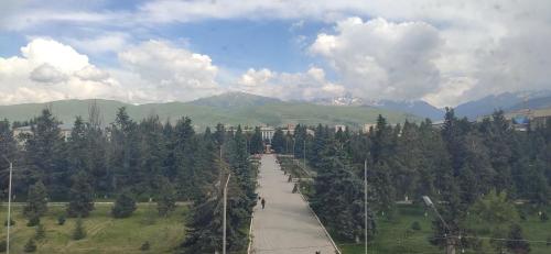 a road in a field with trees and mountains at Apartment in the Karakol heart in Karakol