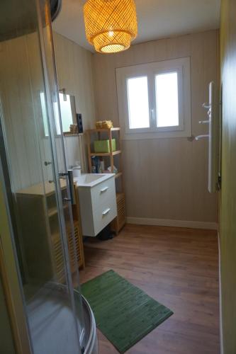 a bathroom with a shower and a sink and a window at Maison champêtre et joyeuse à la campagne in Berenx