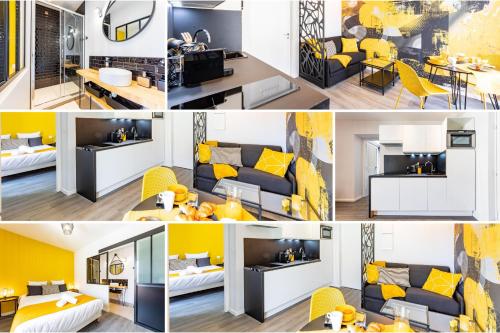 un collage de fotos de una sala de estar con toques amarillos en Le Black & Yellow - Appart'Hôtel SPA - Clim - Melina & Alfred Agen, en Agen