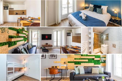 un collage de fotos de un dormitorio y una sala de estar en Le XV d'Agen - Appart'Hôtel SPA - Clim - Melina & Alfred en Agen