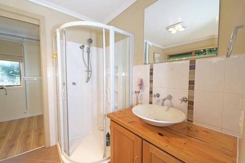 a bathroom with a sink and a shower at Vermont 8 Bdrm Holiday Entire House for Big Group in Vermont