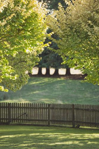 a fence in the middle of a field with trees at CLAYFIELD HOMESTEAD - rustic country accommodation in Bishopsbourne