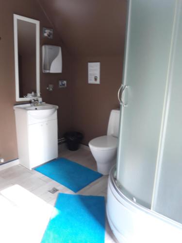 a bathroom with a sink and a toilet with blue mats at Luigeranna B&B in Küdema