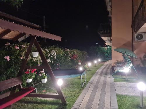 un giardino notturno con fiori e luci di Casa Sunshine a Vama Veche