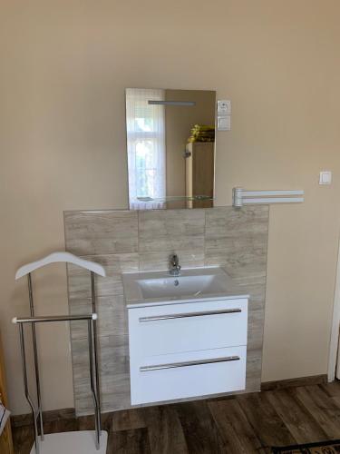 a bathroom with a white sink and a mirror at Edit Villa in Balatonfüred