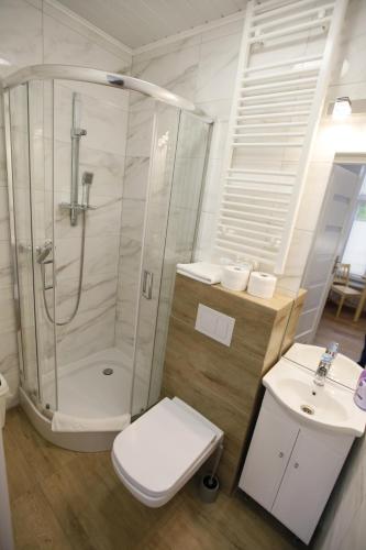 uma casa de banho com um chuveiro, um WC e um lavatório. em HUZAR em Krynica Zdrój