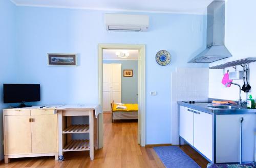 a kitchen with blue walls and a table and a television at Agriturismo Buonavista - Parco della Maremma in Alberese