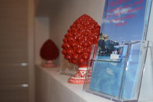 une étagère avec deux vases remplis de cerises rouges dans l'établissement Ponente & Maestro Rooms, à Favignana