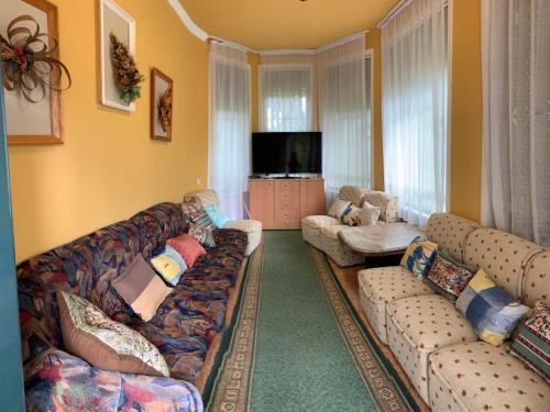 ein Wohnzimmer mit Sofas und einem Flachbild-TV in der Unterkunft Edit Villa in Balatonfüred