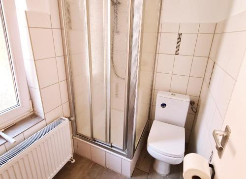 łazienka z toaletą i prysznicem w obiekcie 3 room flat with terrace and garden w mieście Celle
