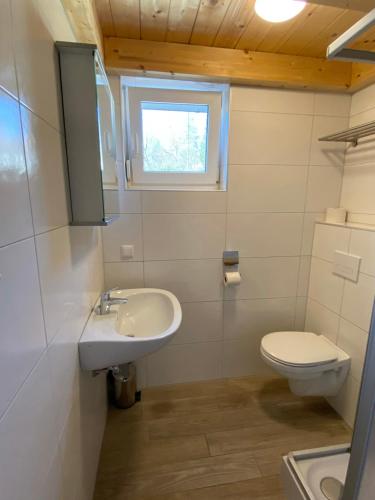 a small bathroom with a sink and a toilet at KWO-villa Sonnenglück in Arnoldstein