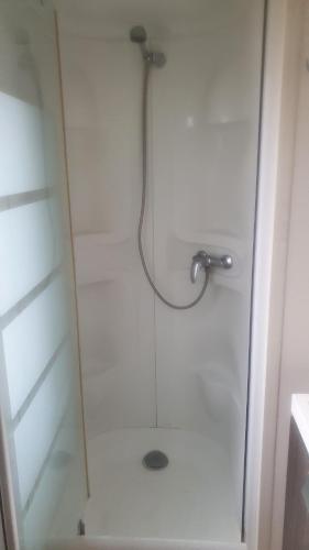 y baño con ducha con cabezal de ducha. en mobile home entierement équipé, en La Roque-d'Anthéron