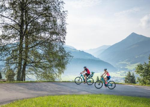 two people riding bikes down a road with mountains in the background at Landhaus Steiner in Altenmarkt im Pongau