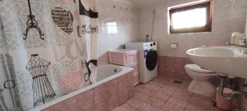 a bathroom with a sink and a toilet and a bath tub at Apartment Eva in Rovinjsko Selo