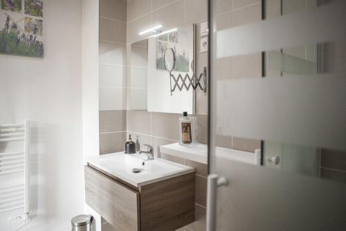 La salle de bains blanche est pourvue d'un lavabo et d'un miroir. dans l'établissement Le Cottage du Louvre, à Lens
