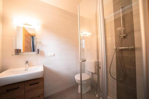 a bathroom with a toilet and a sink and a shower at Appartments Kramer in Schiefling am See